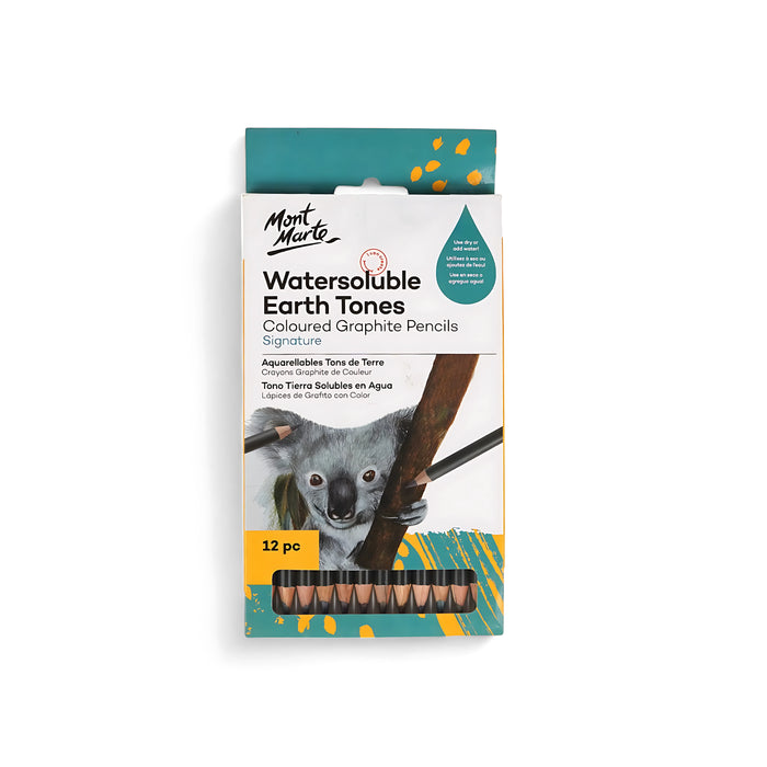 Mont Marte Signature Watersoluble Earth Tones Coloured Graphite Pencils Set - 12 natural shades, perfect for realistic drawings and watercolor effects.

