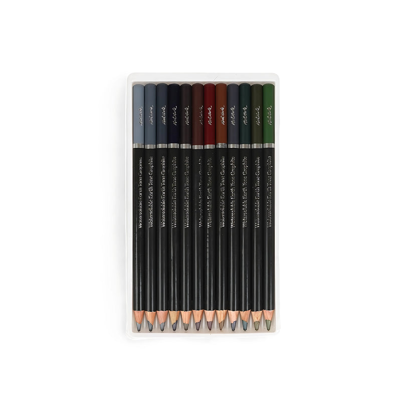 Mont Marte Signature Watersoluble Earth Tones Coloured Graphite Pencils Set - 12 natural shades, perfect for realistic drawings and watercolor effects.

