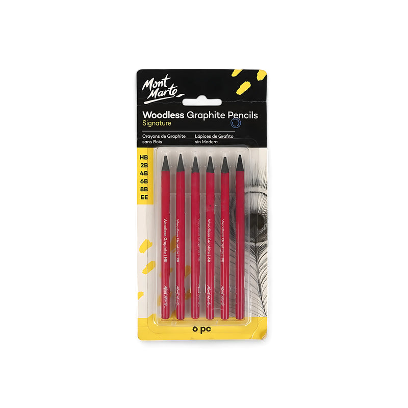Mont Marte Signature Woodless Graphite Pencil Set, 6-Piece Pack with HB to EE grades for versatile sketching and shading.

