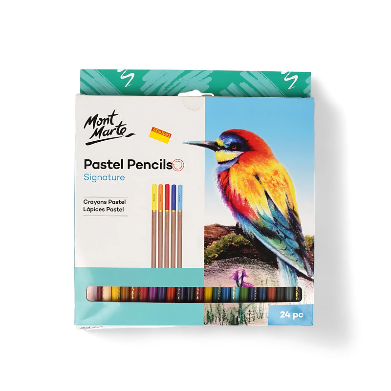 Mont Marte Signature Pastel Pencils Set - Available in 24 Colors, blendable pastel pencils for detailed artwork and smooth gradients.

