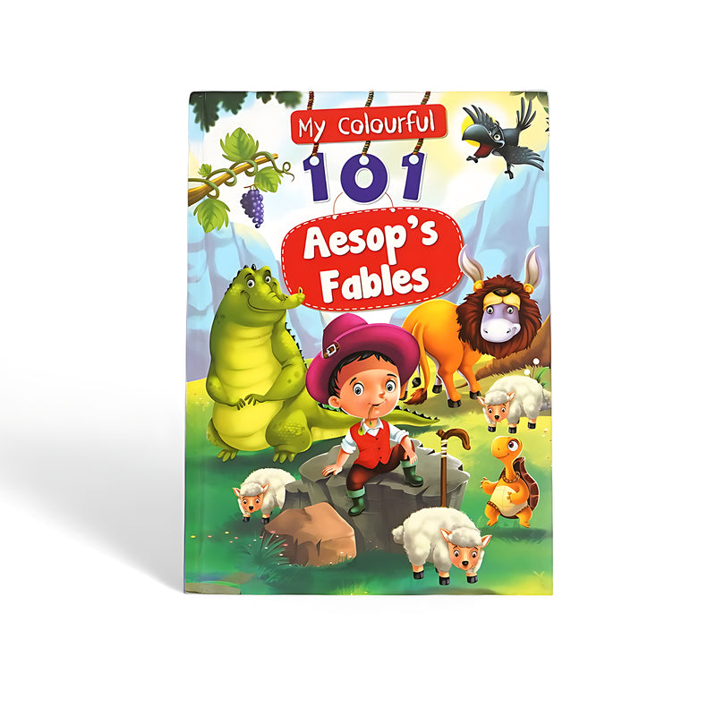 Cover of My Colourful 101 Aesop’s Fables featuring colorful illustrations of animals and a young shepherd in a playful setting.

