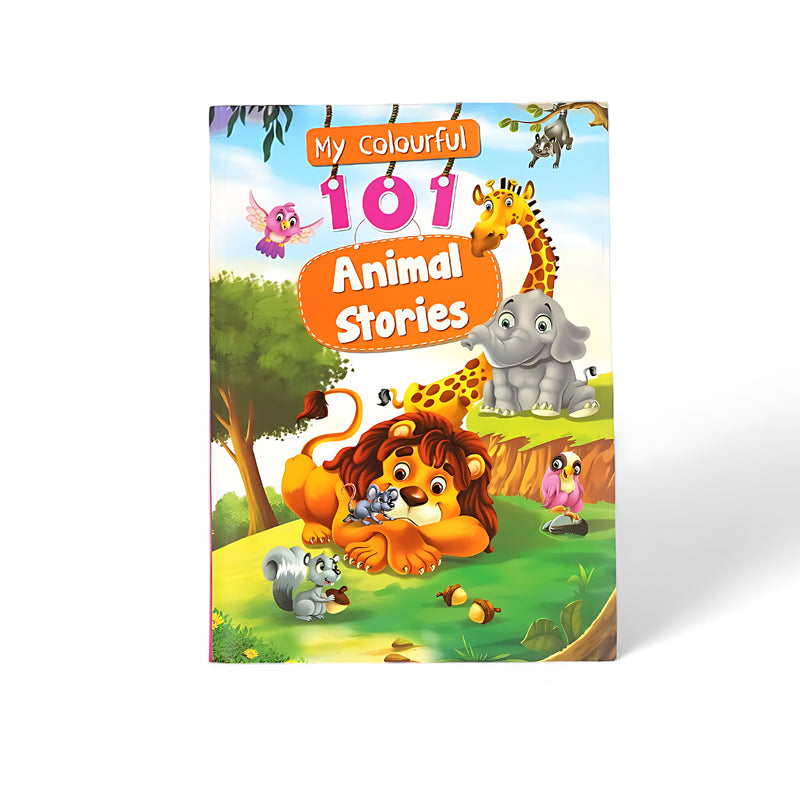 Cover of My Colourful 101 Animal Stories featuring illustrations of a lion, giraffe, elephant, birds, and other animals in a playful forest setting.

