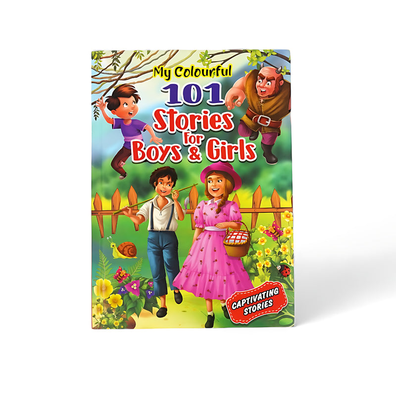 Cover of My Colourful 101 Stories for Boys & Girls featuring cheerful children, fun characters, and adventurous scenes in a forest setting.

