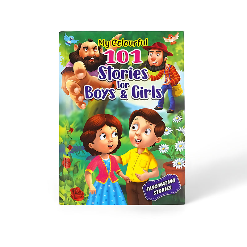 Cover of My Colourful 101 Stories for Boys & Girls featuring lively characters and children in a vibrant garden scene with fun adventures.

