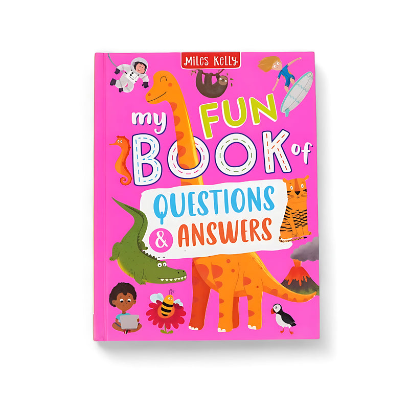 Cover of My Fun Book of Questions & Answers by Miles Kelly, featuring colorful illustrations of animals, an astronaut, and a volcano on a bright pink background.






