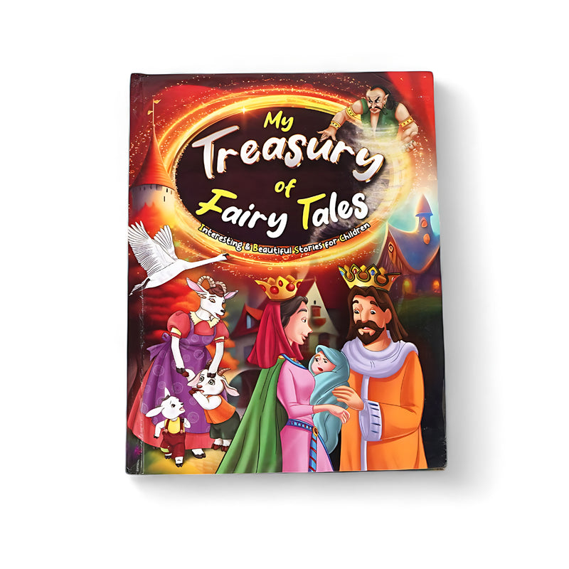 Cover of My Treasury of Fairy Tales featuring colorful illustrations of kings, queens, goats, and magical characters in vibrant scenes.

