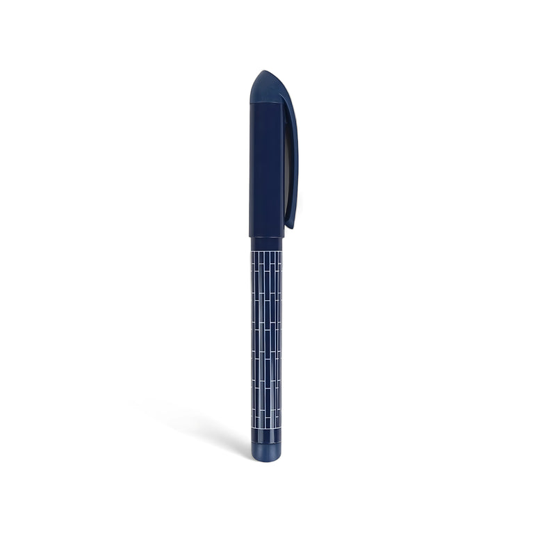 Navy blue patterned pen with cap and clip, offering smooth ink flow and a comfortable writing experience.


