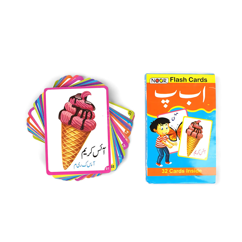Noor Flash Cards - Urdu Alphabet Recognition Set for Kids, 32 Cards with Illustrations