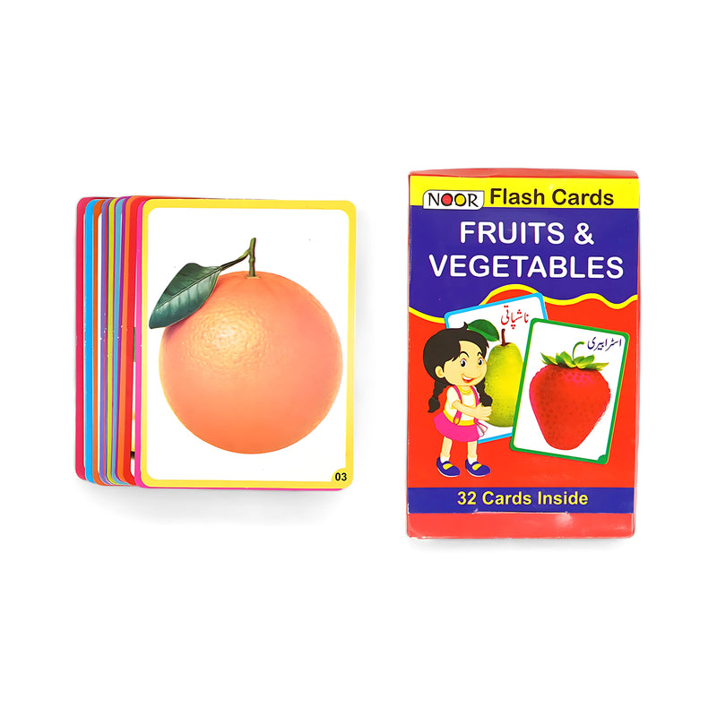 Noor Fruits & Vegetables Flash Cards in English and Urdu with vibrant images for kids learning

