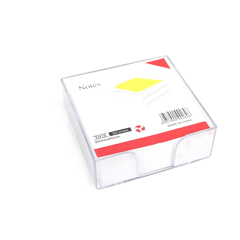 Note paper holder with 300 sheets, featuring a transparent acrylic design for easy access and desk organization.

