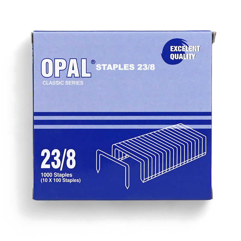 Opal Staples 23/8 – 1000 Pcs box of high-quality steel staples for heavy-duty stapling.

