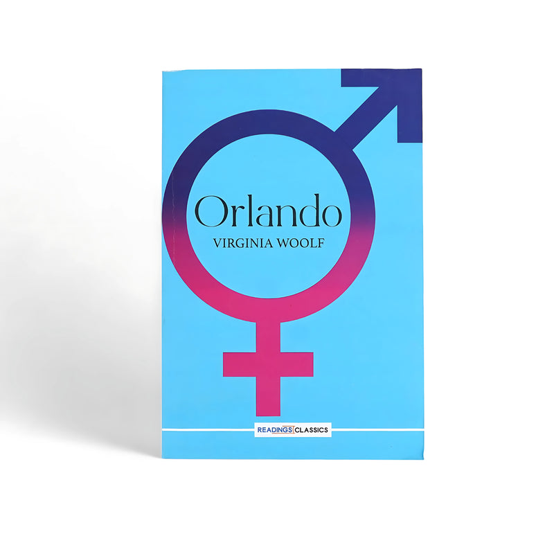Cover of Orlando by Virginia Woolf, featuring a combined male-female symbol against a blue gradient background, reflecting the theme of gender fluidity in the novel.






