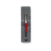 Parker IM Ballpoint Pen with red lacquer barrel, chrome accents, and medium nib, displayed in a branded box with a transparent front.

