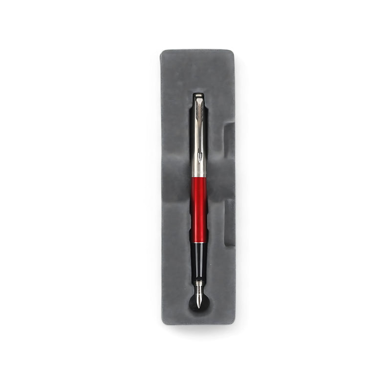 Parker IM Ballpoint Pen with red lacquer barrel, chrome accents, and medium nib, displayed in a branded box with a transparent front.

