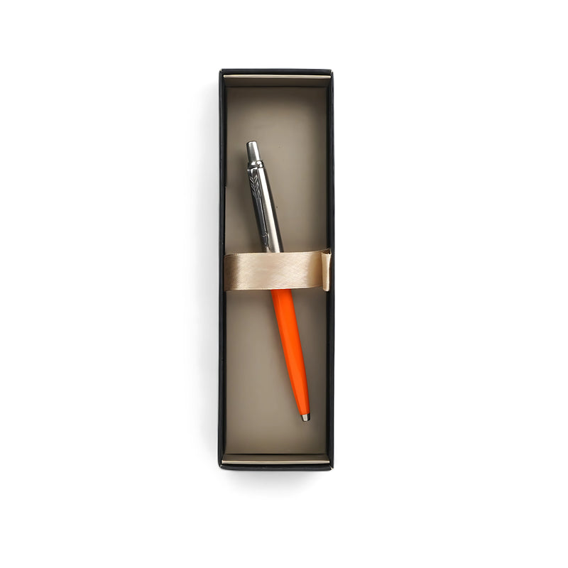Parker Jotter Ballpoint Pen in vibrant orange with chrome accents, presented in a sleek black gift box with a gold accent, perfect for gifting and everyday use.

