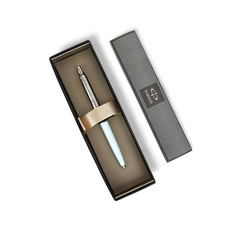 Parker Jotter Ballpoint Pen in pastel blue with chrome accents, presented in a modern Parker-branded gift box, ideal for professional use and gifting.

