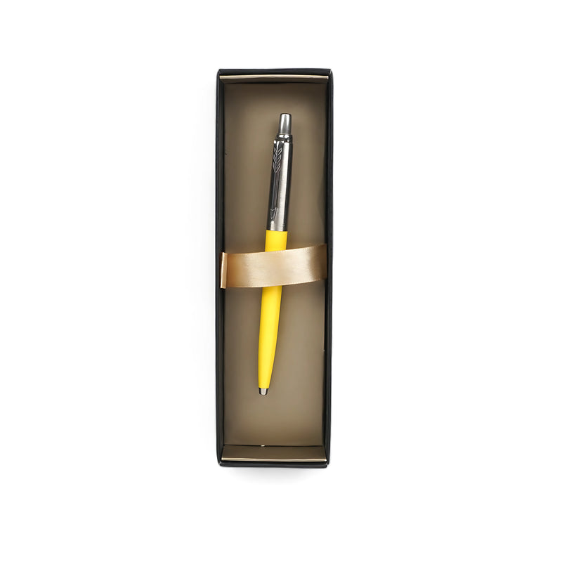 Parker Jotter Ballpoint Pen in vibrant yellow with chrome accents, presented in a black gift box with gold detailing, perfect for everyday use and gifting.

