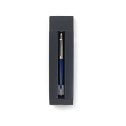 Parker Jotter Fountain Pen in royal blue with chrome accents, medium nib, and gift box packaging, ideal for professionals and creative use.

