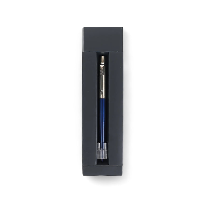 Parker Jotter Fountain Pen in royal blue with chrome accents, medium nib, and gift box packaging, ideal for professionals and creative use.

