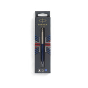Parker Jotter Fountain Pen in royal blue with chrome accents, packaged in Union Jack themed gift box, featuring a medium nib and refillable ink system.

