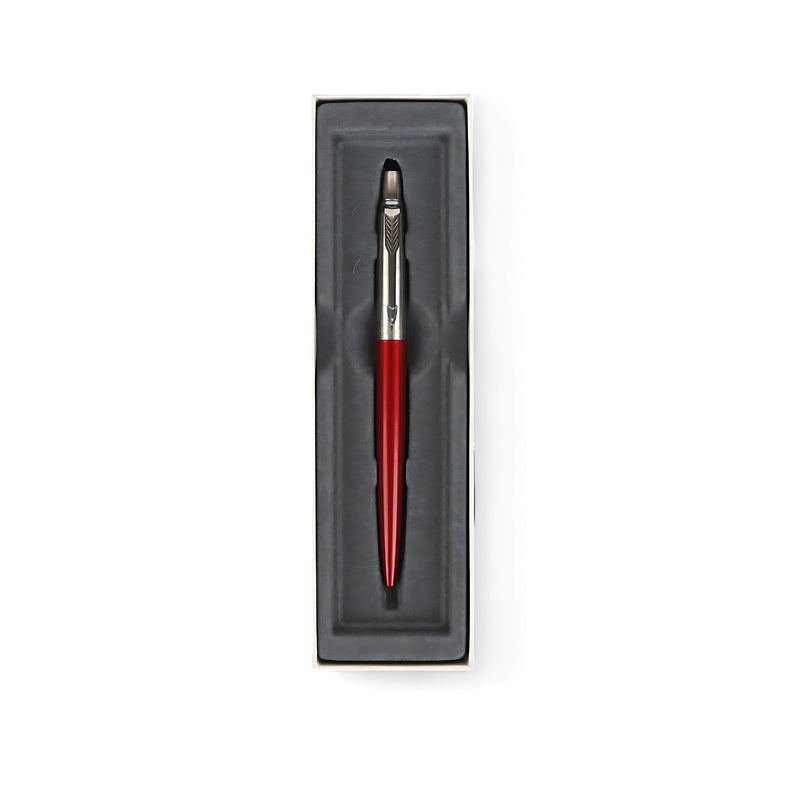 Parker Vector Ballpoint Pen in red with chrome accents, presented in a gift box, ideal for professionals, students, and gifting occasions.

