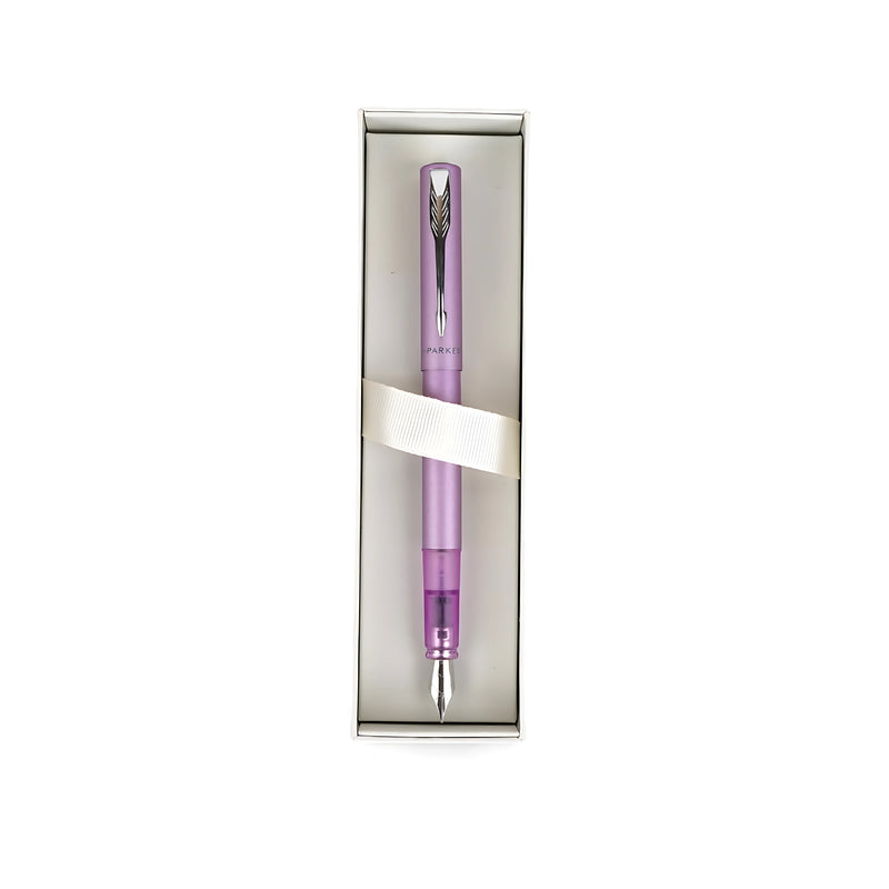 Parker Vector Fountain Pen in purple with a stainless steel nib, packaged in a Parker gift box, ideal for creative writing, journaling, and gifting occasions.

