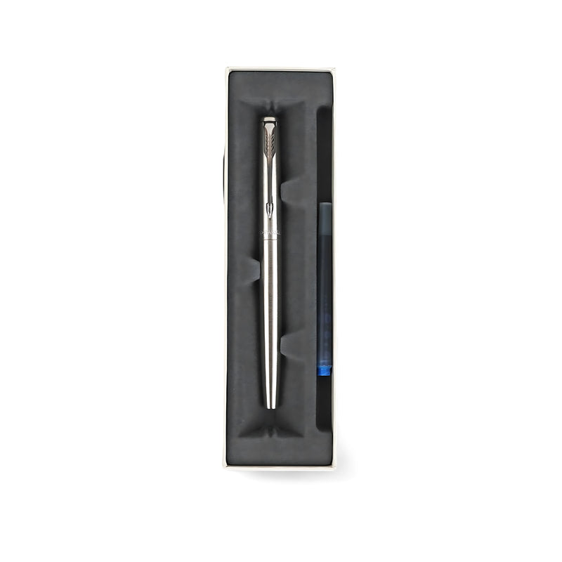 Parker Vector Fountain Pen with stainless steel finish, featuring a blue ink cartridge and presented in a Parker gift box, perfect for professionals and students.

