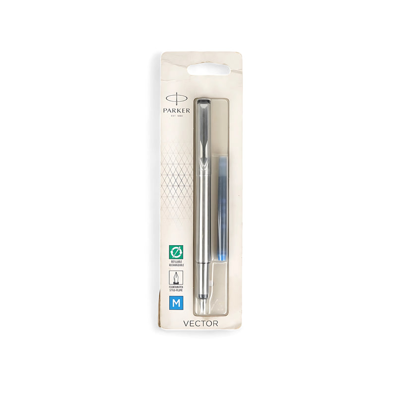 Parker Vector Stainless Steel Fountain Pen in packaging with blue ink cartridge, featuring a sleek design and medium nib for smooth writing.

