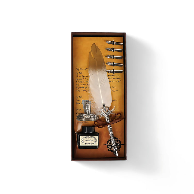 Pay Tribute Feather Pen Series - Captain's Log Edition with feather pen, ink bottle, and nautical theme in a vintage-style box

