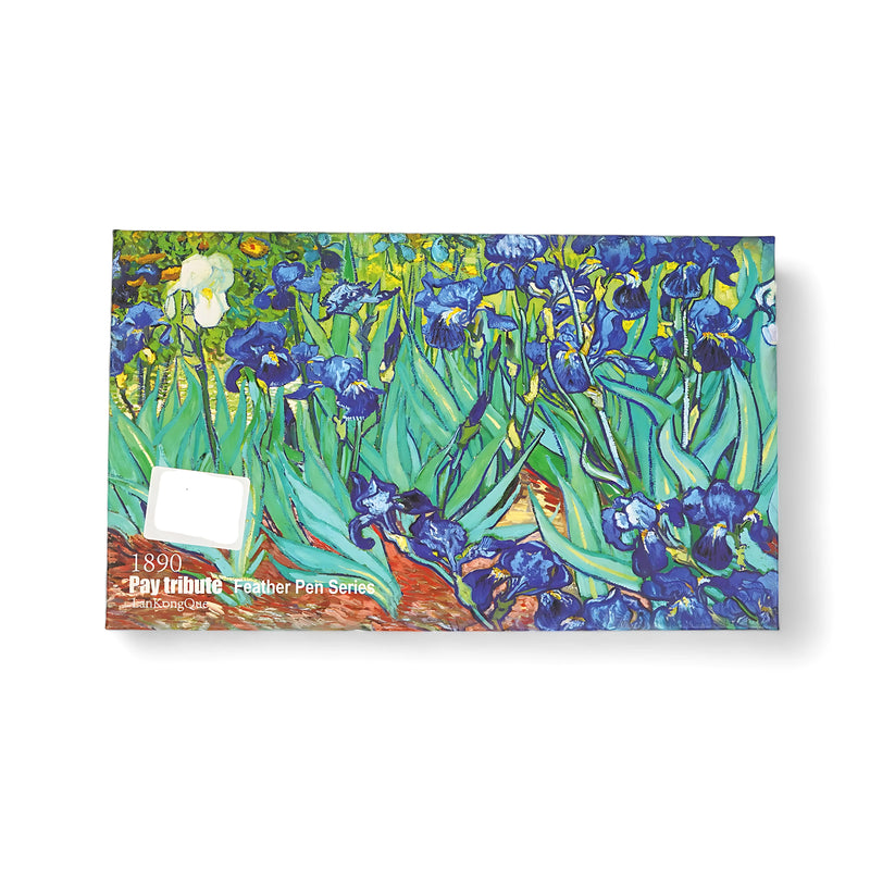 Pay Tribute Feather Pen Series - Van Gogh Irises Edition with feather pen, ink bottle, and Van Gogh "Irises" print in an artistic presentation box

