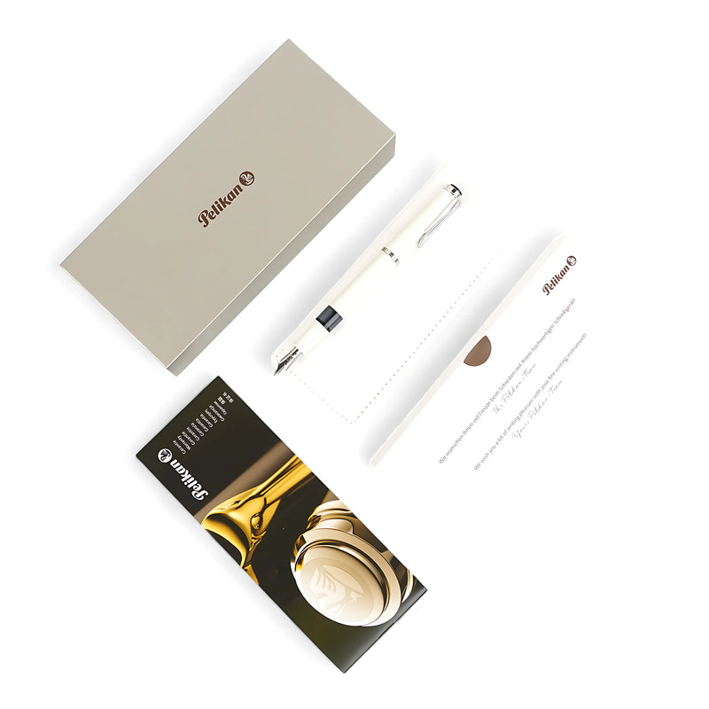 Pelikan Classic M200 Fountain Pen – White Edition with gold-plated accents, presented in a Pelikan-branded gift box with informational booklet, perfect for gifting and professional use.

