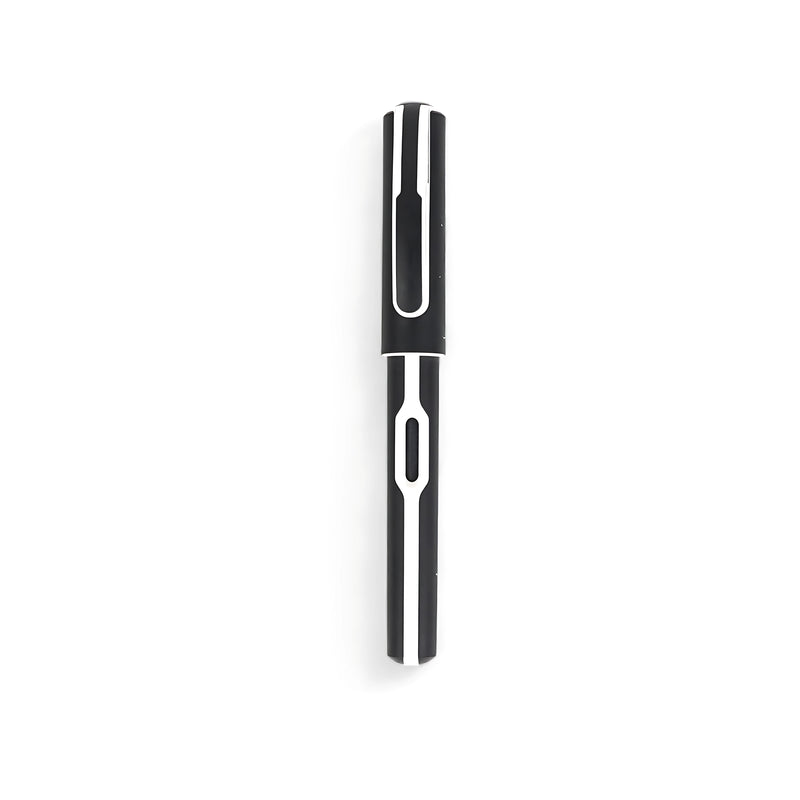 Pelikan Jazz Fountain Pen in black and white with a medium nib, ergonomic grip, and secure snap-on cap, suitable for both left- and right-handed users.

