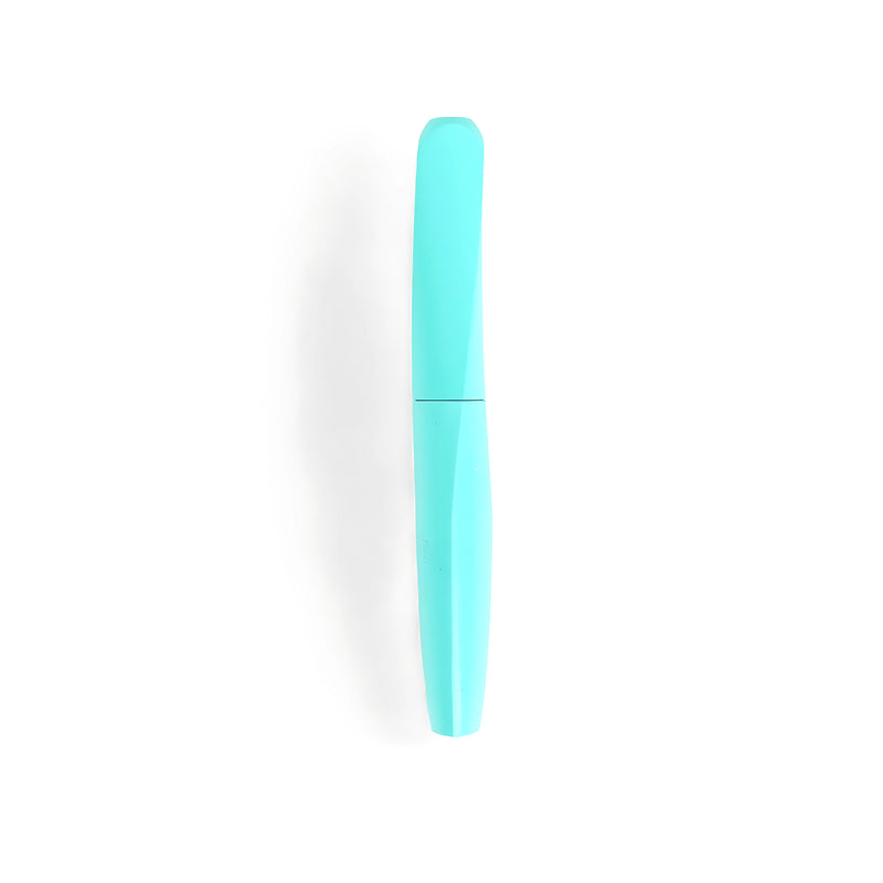 Pelikan Twist Fountain Pen in pastel aqua and peach, featuring a medium nib, ergonomic twist grip, and secure snap-on cap, suitable for left- and right-handed users.

