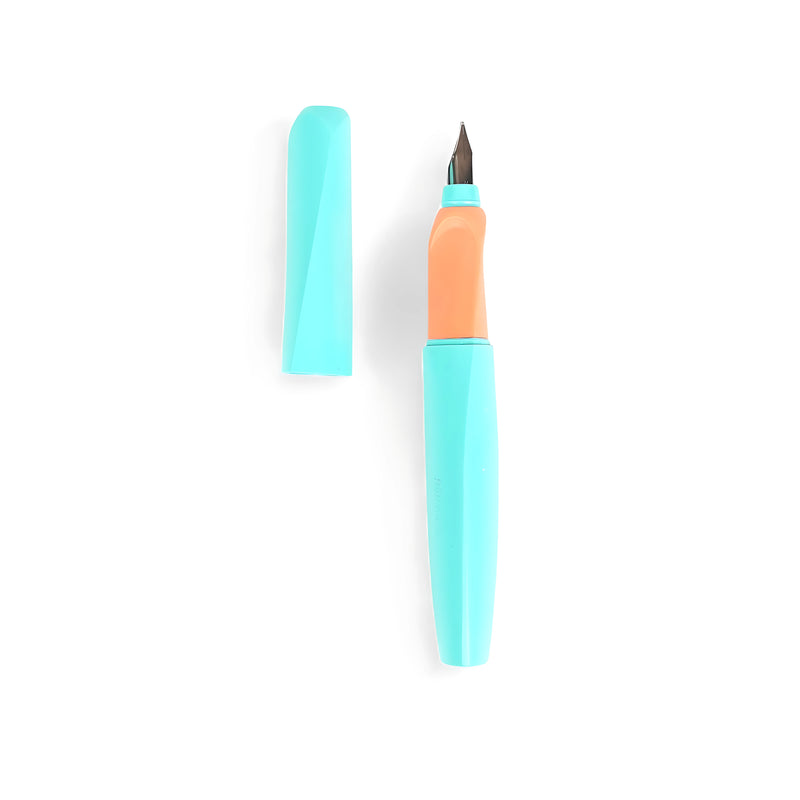 Pelikan Twist Fountain Pen in pastel aqua and peach, featuring a medium nib, ergonomic twist grip, and secure snap-on cap, suitable for left- and right-handed users.


