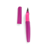 Pelikan Twist Fountain Pen in pink and purple with a medium nib, ergonomic twist grip, and secure snap-on cap, suitable for both left- and right-handed users.

