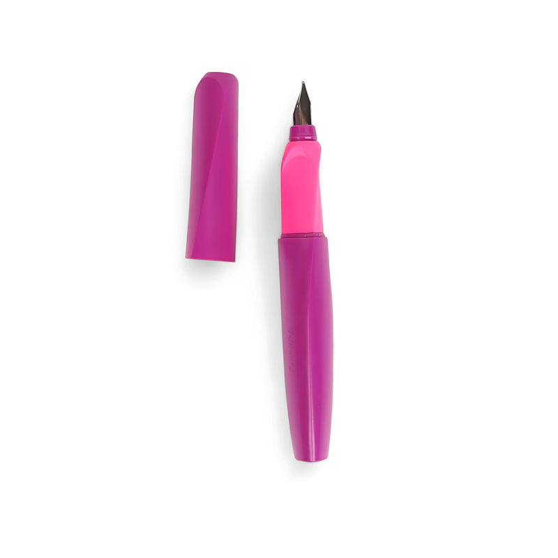 Pelikan Twist Fountain Pen in pink and purple with a medium nib, ergonomic twist grip, and secure snap-on cap, suitable for both left- and right-handed users.

