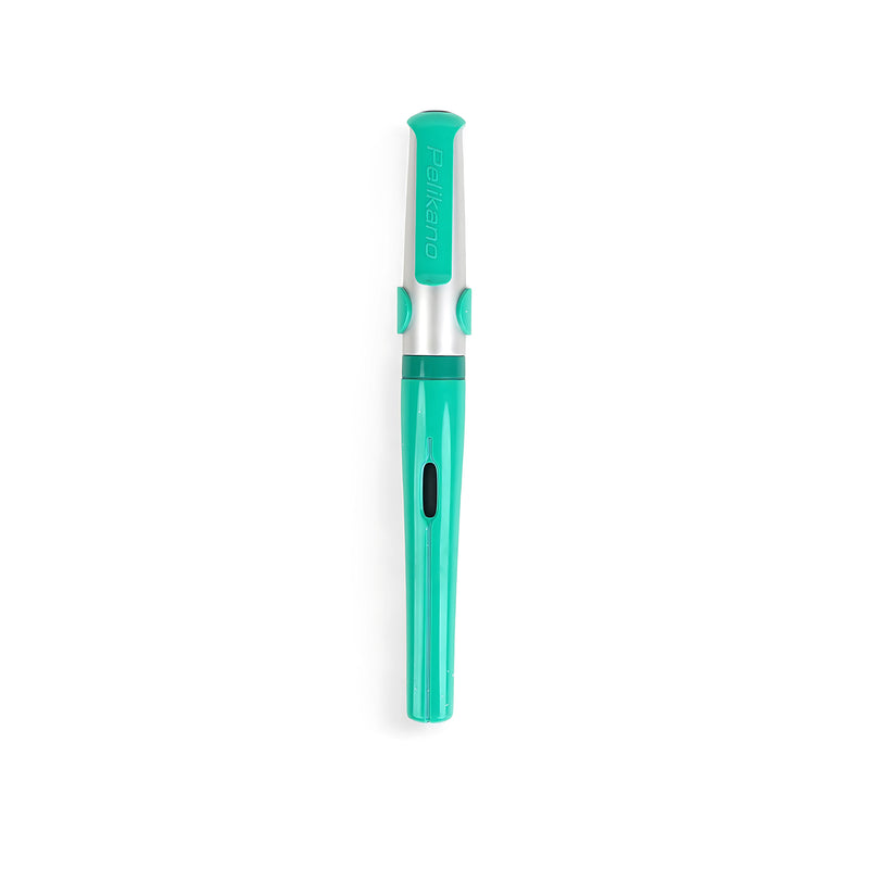 Pelikano Fountain Pen in vibrant aqua with an ergonomic grip, medium nib, ink window, and secure cap, suitable for left- and right-handed users.

