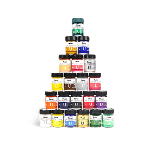 A pyramid stack of Pentel Poster Color jars in a variety of vibrant shades, ideal for artists and students.

