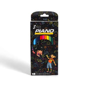 Piano Premium Colour Pencils Black Edition with 12 vibrant colors in real wood casing, packaged in a playful black-themed box for children.

