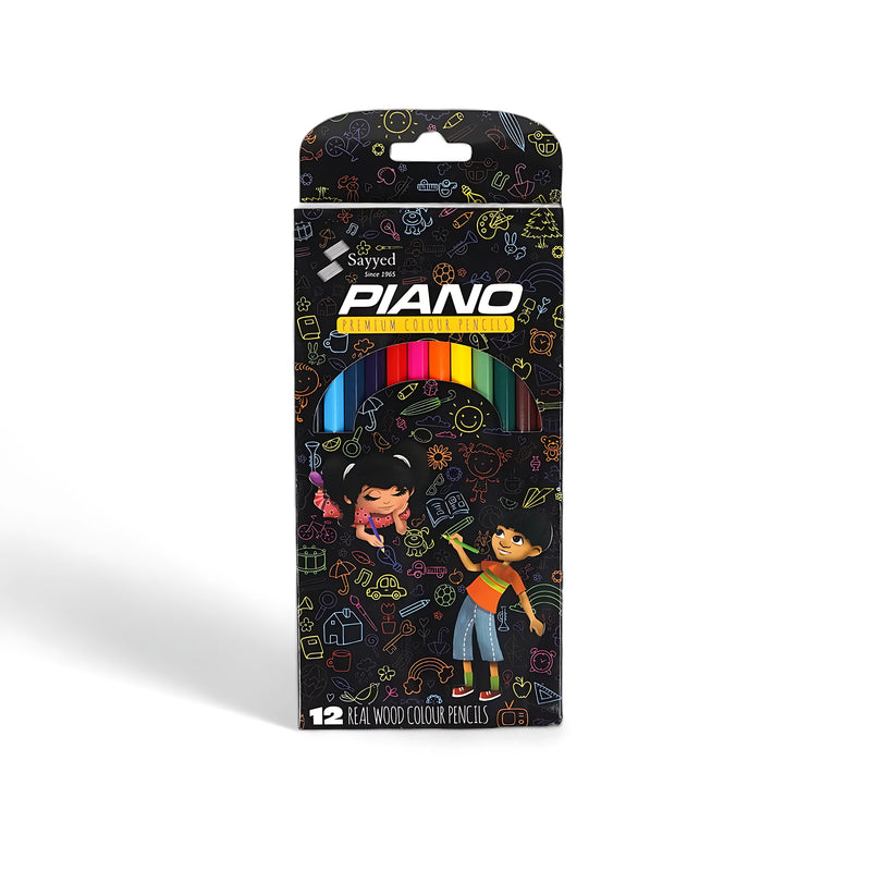 Piano Premium Colour Pencils Black Edition with 12 vibrant colors in real wood casing, packaged in a playful black-themed box for children.

