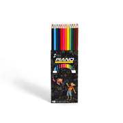 Piano Premium Colour Pencils Black Edition with 12 vibrant colors in real wood casing, packaged in a playful black-themed box for children.

