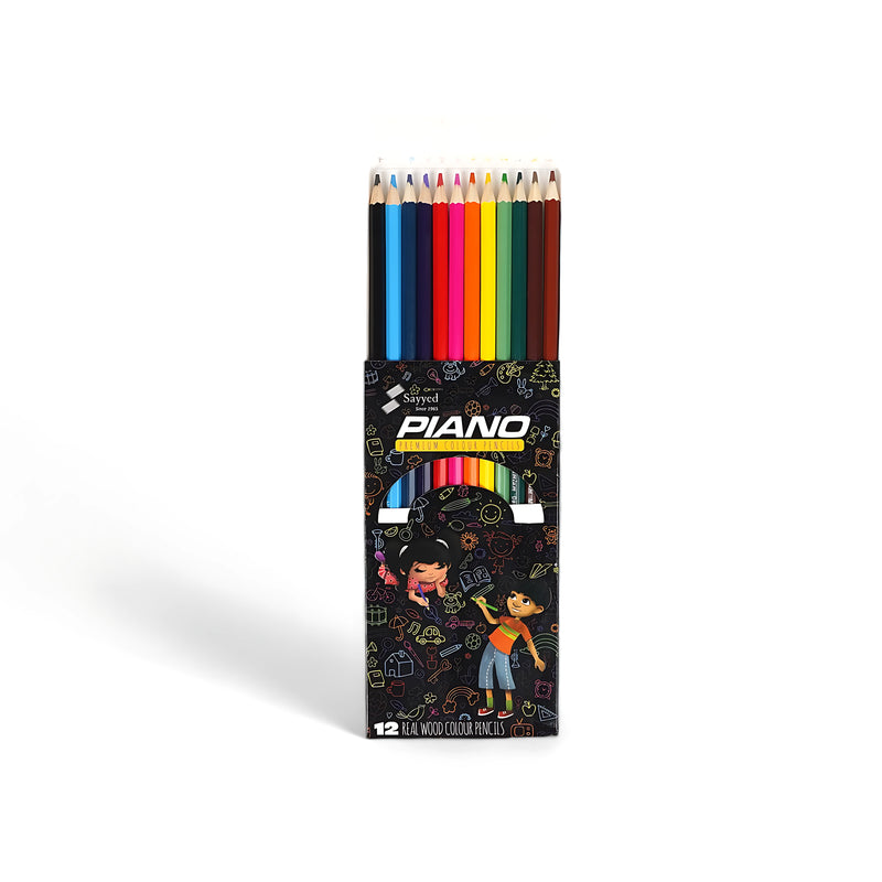 Piano Premium Colour Pencils Black Edition with 12 vibrant colors in real wood casing, packaged in a playful black-themed box for children.

