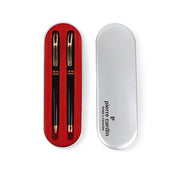 Pierre Cardin luxury pen set with black variant featuring a fountain and ballpoint pen, presented in a metal case with red velvet interior.

