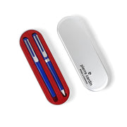 Pierre Cardin luxury pen set with  blue variant featuring a fountain and ballpoint pen, presented in a metal case with red velvet interior.

