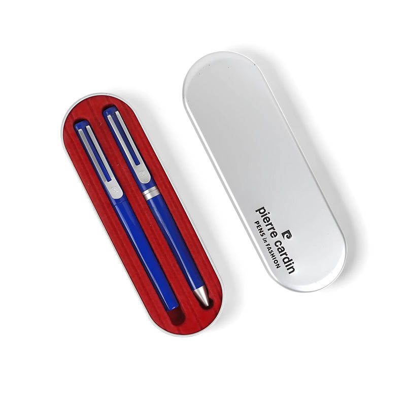 Pierre Cardin luxury pen set with  blue variant featuring a fountain and ballpoint pen, presented in a metal case with red velvet interior.

