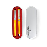 Pierre Cardin luxury pen set with yellow variant featuring a fountain and ballpoint pen, presented in a metal case with red velvet interior.

