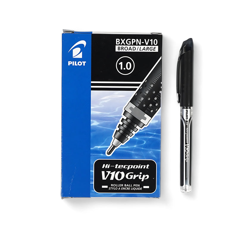 Pilot Hi-Tecpoint V10 Grip Rollerball Pen with 1.0mm broad tip and black liquid ink for smooth, bold writing.

