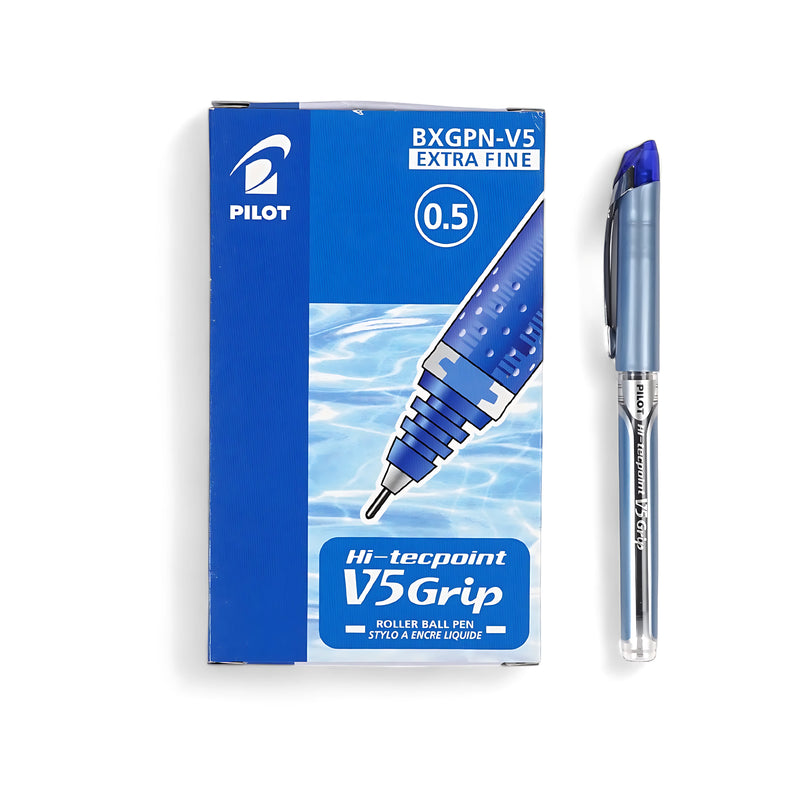 Pilot Hi-Tecpoint V5 Grip Rollerball Pen with 0.5mm extra fine tip and smooth blue ink for precise, detailed writing.

