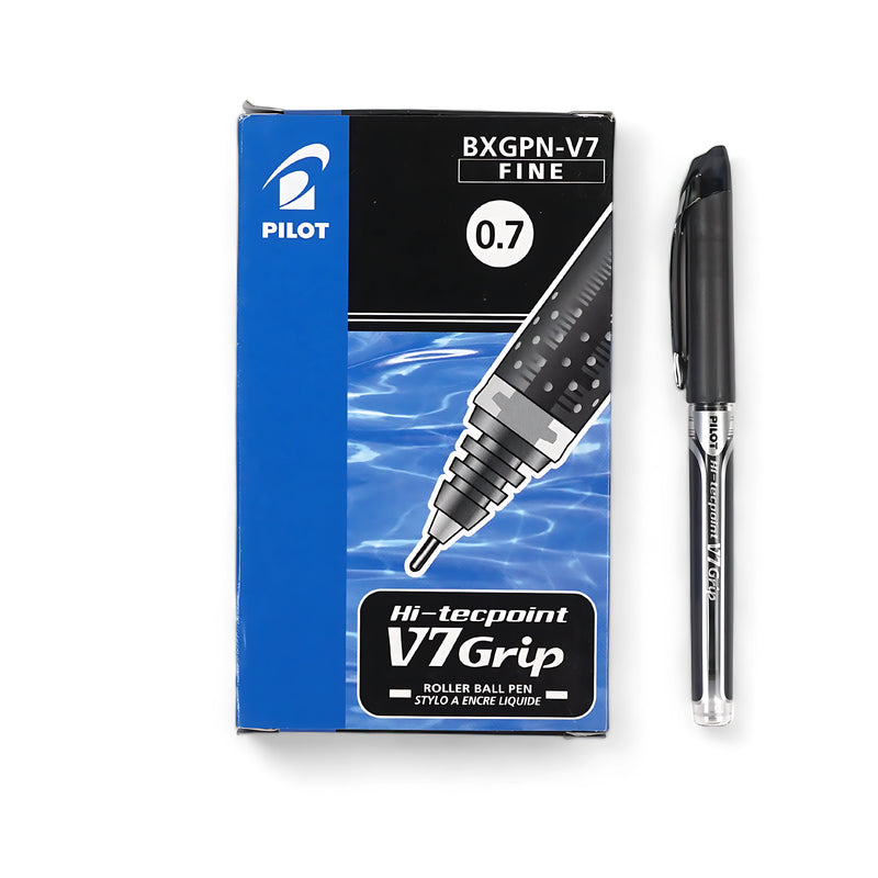 Pilot Hi-Tecpoint V7 Grip Rollerball Pen with 0.7mm fine tip and smooth black ink for precise, comfortable writing.


