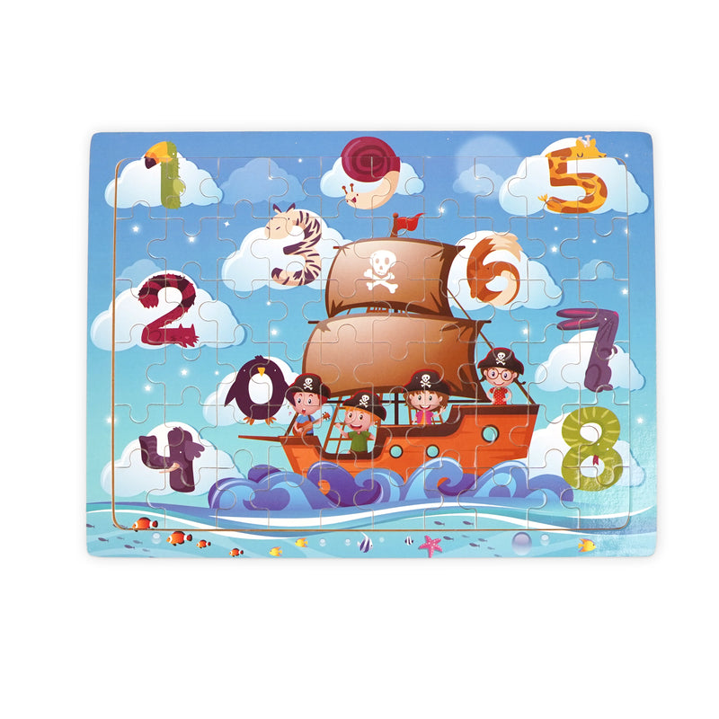 Wooden pirate-themed jigsaw puzzle featuring brightly coloured numbers from 1 to 8 and a playful pirate ship scene designed to develop number recognition and fine motor skills in toddlers.